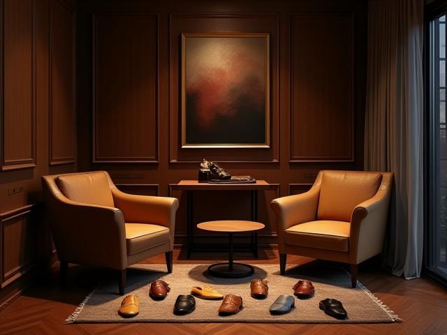 A warm and inviting client consultation area within the atelier, with leather swatches and sketches.