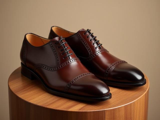 A pair of perfectly finished bespoke oxford brogues, polished and ready.