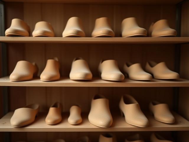Shelves filled with various wooden shoe lasts, each representing a foot's unique shape.