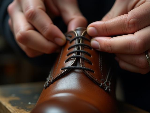 Close-up of a shoemaker's hands performing intricate stitching on a leather shoe.
