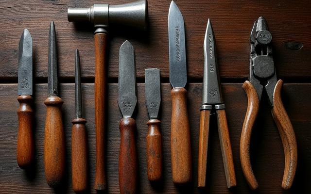Close-up of well-worn, classic shoemaking tools on a wooden workbench.