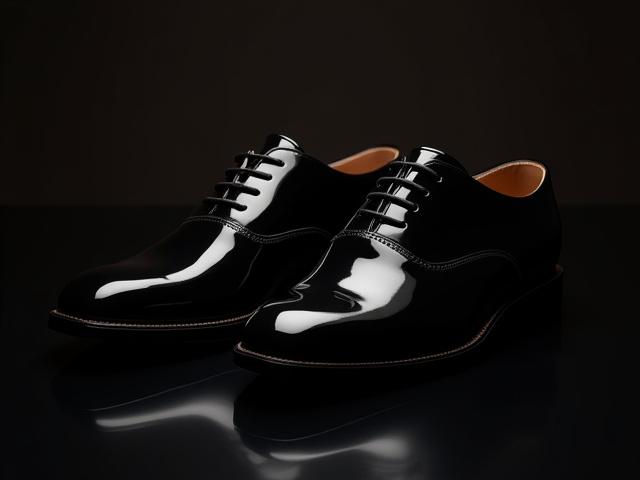 Classic black patent leather oxford dress shoes for a tuxedo, exquisitely polished