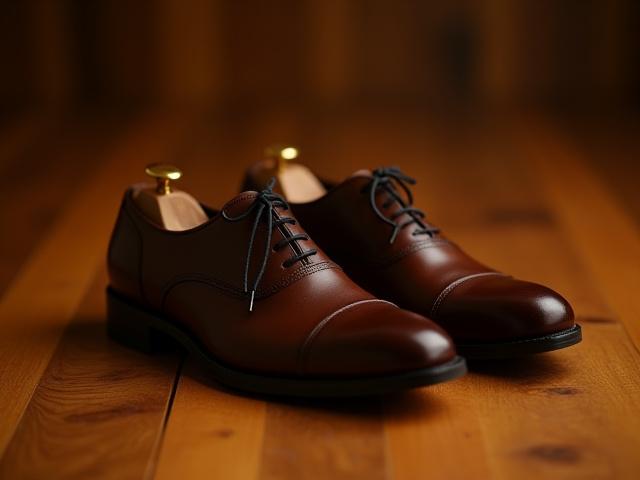 Rich, dark brown cap-toe oxford dress shoes for business formal, on a wooden floor