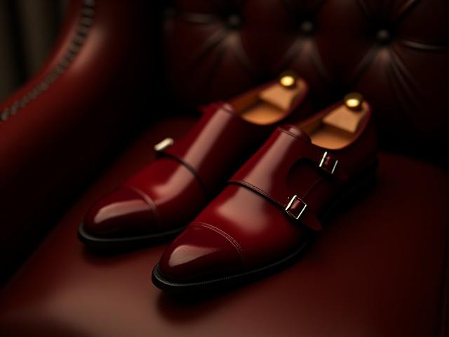 Double monk strap dress shoes in polished cherry red leather