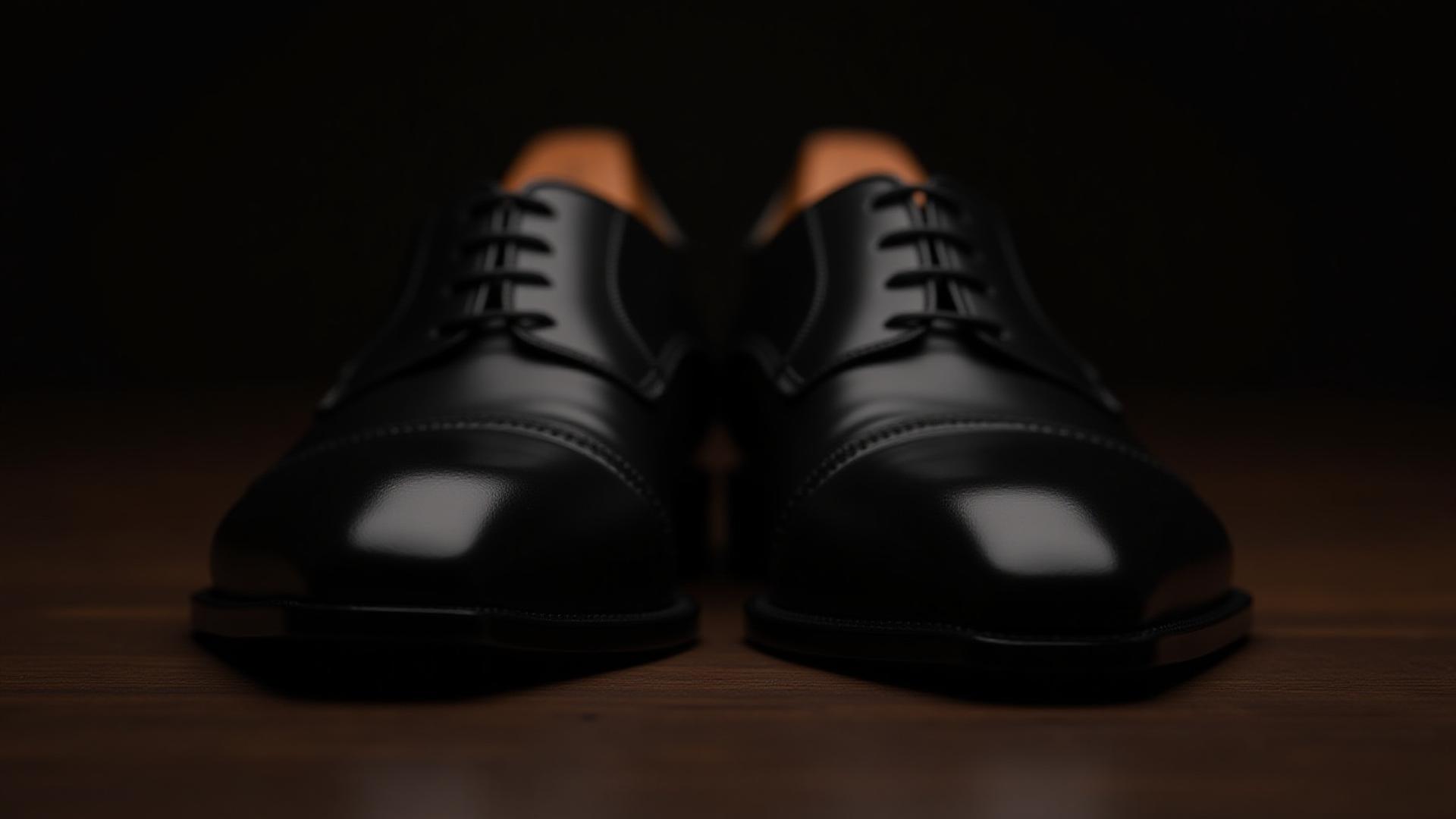 Pair of highly polished classic bespoke black oxford dress shoes