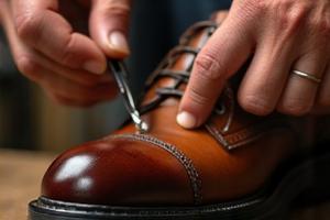 Close-up of a shoemaker's hands traditionally hand-welting a shoe
