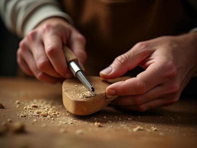 Artisan's hands meticulously carving a wooden shoe last, fine wood shavings visible.