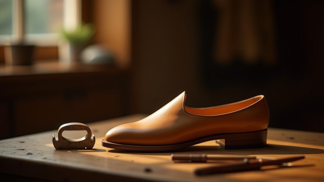 Beautifully carved wooden shoe last with traditional measuring tools, set against a warm atelier background.