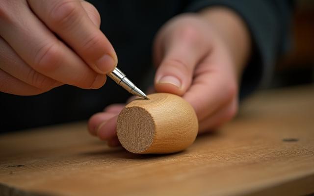 A shoemaker carefully making minute adjustments to a wooden last with a small tool.