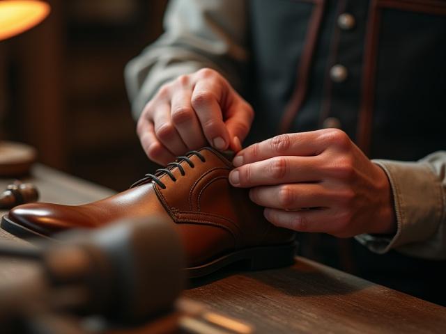 Close-up of a shoemaker resoling a Goodyear welted shoe in a traditional workshop