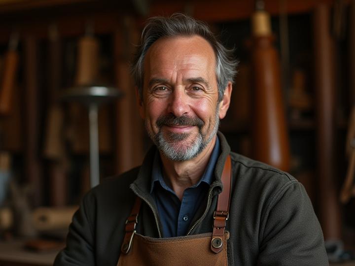 John F. Parker, master shoemaker, working diligently in his atelier