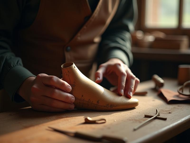 A shoemaker carefully carving a custom wooden last, with detailed anatomical markings, in a warm, traditional atelier setting.