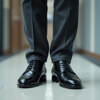 Man in a dark suit wearing black oxford brogues