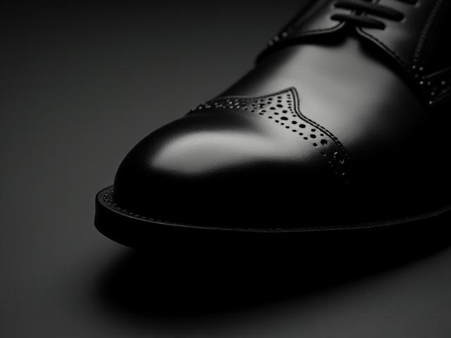 Close-up of a quarter brogue shoe with subtle perforations only along the toe cap edge