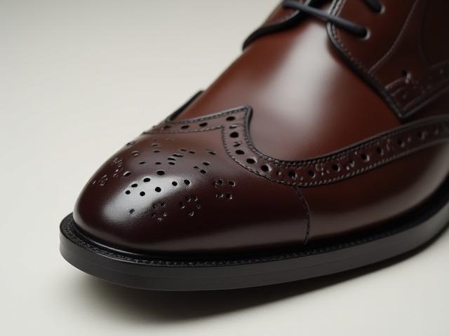 Detail of a semi-brogue shoe with perforations along the toe cap and central medallion