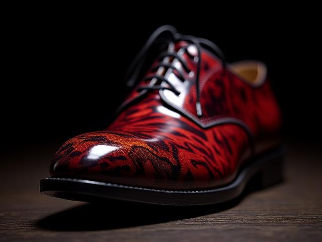 A dramatic shoe showcasing a fiery burgundy and black marble effect, a testament to intricate patina work.
