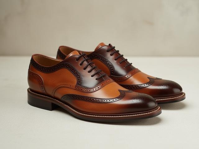 Elegant two-tone brogues featuring a contrasting patina, highlighting their unique design.