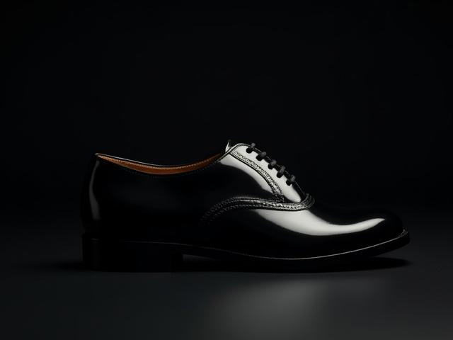 Classic black patent leather Oxford shoes, highly polished and ready for a black-tie wedding.