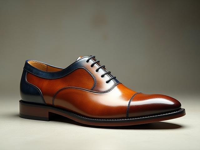 A unique custom patina wholecut shoe in rich, varied tones, showcasing artistic craftsmanship.