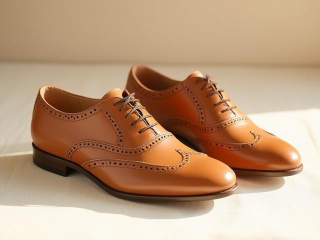 Stylish tan brogue shoes, ideal for a rustic or daytime wedding celebration.